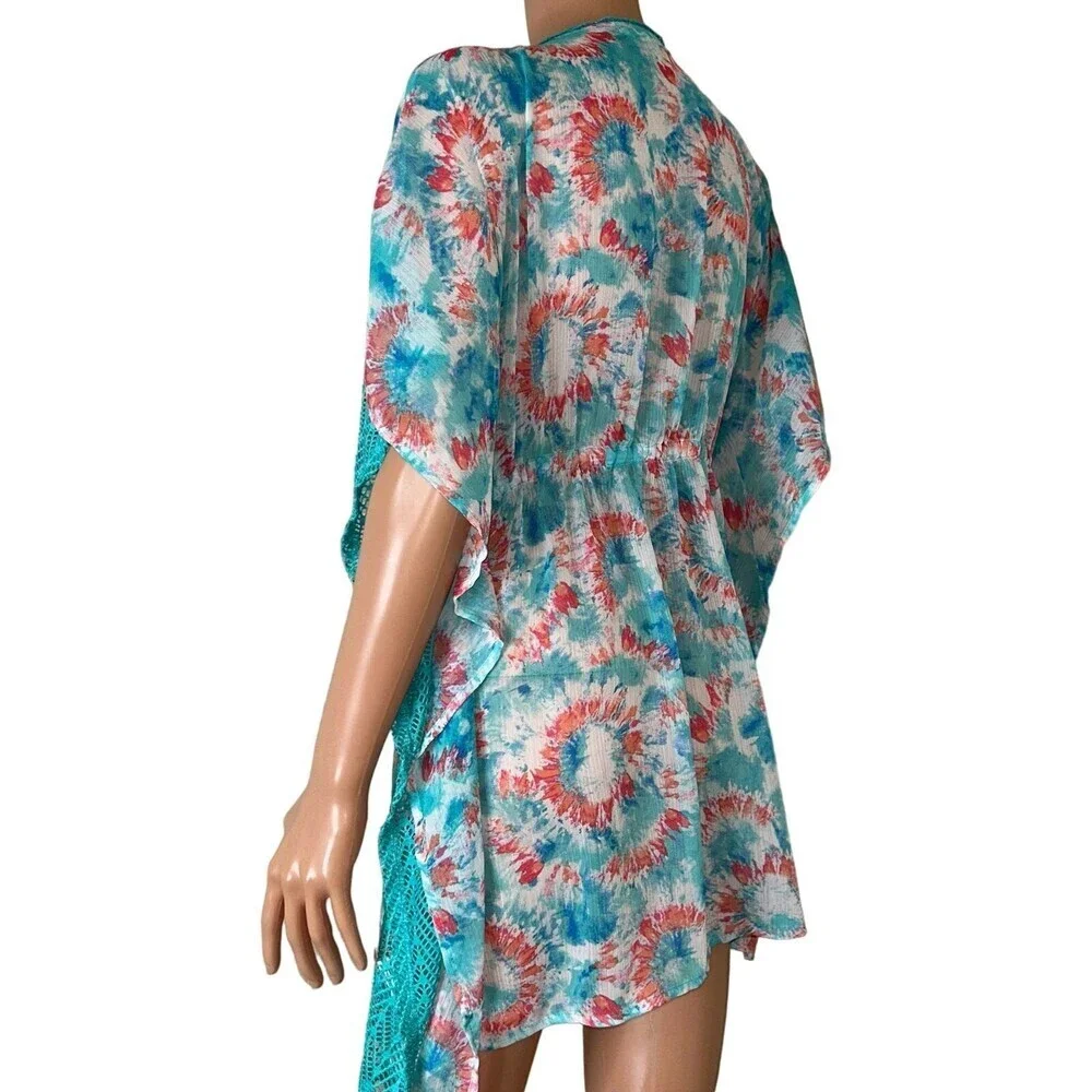 Miken Swim coverup open front single tassel tie dyed wide sleeve wide SZ SM teal